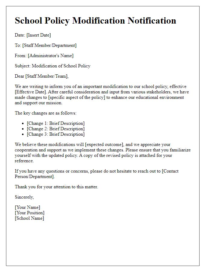 Letter template of school policy modification for staff communication.