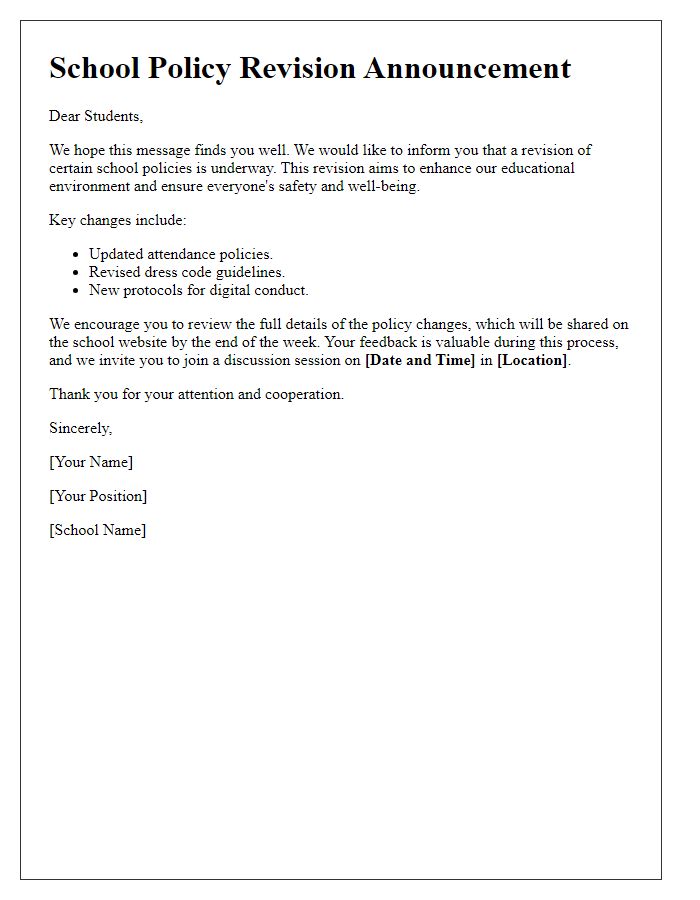 Letter template of school policy revision announcement for students.