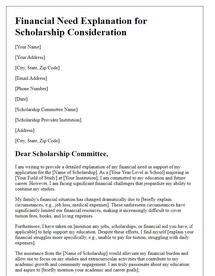 Letter template of financial need explanation for scholarship consideration