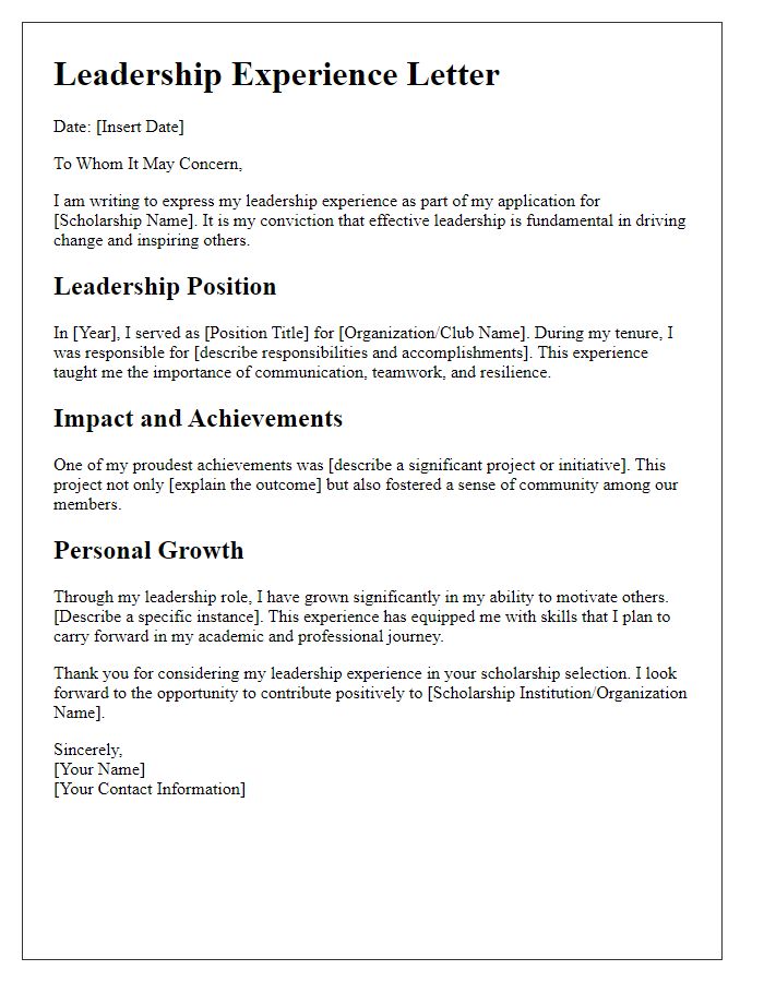 Letter template of leadership experience for scholarship eligibility