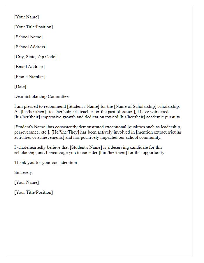 Letter template of recommendation from teacher for scholarship application