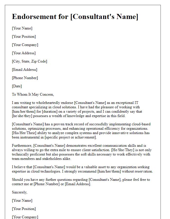 Letter template of endorsement for an IT consultant with expertise in cloud solutions.