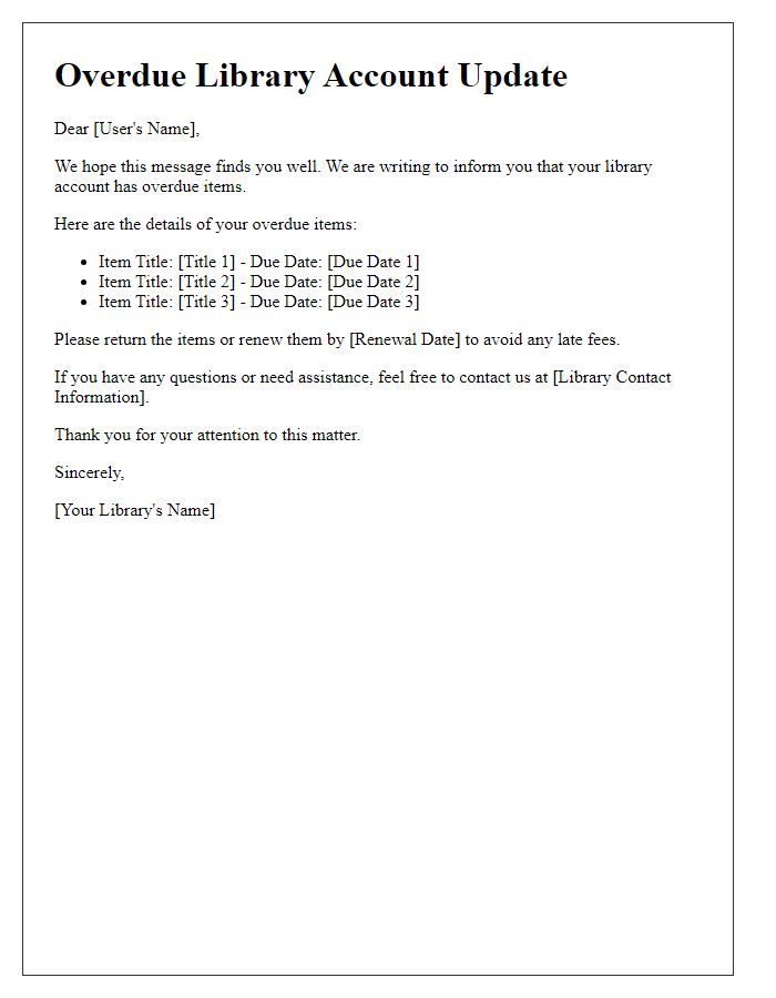Letter template of overdue library account update for all users.