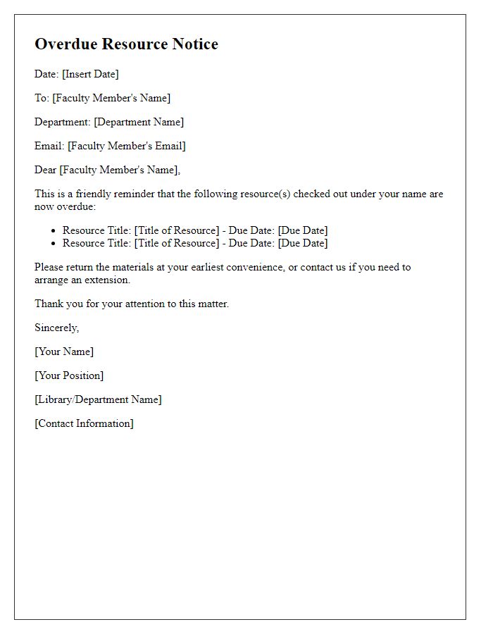 Letter template of overdue resource notice for faculty.