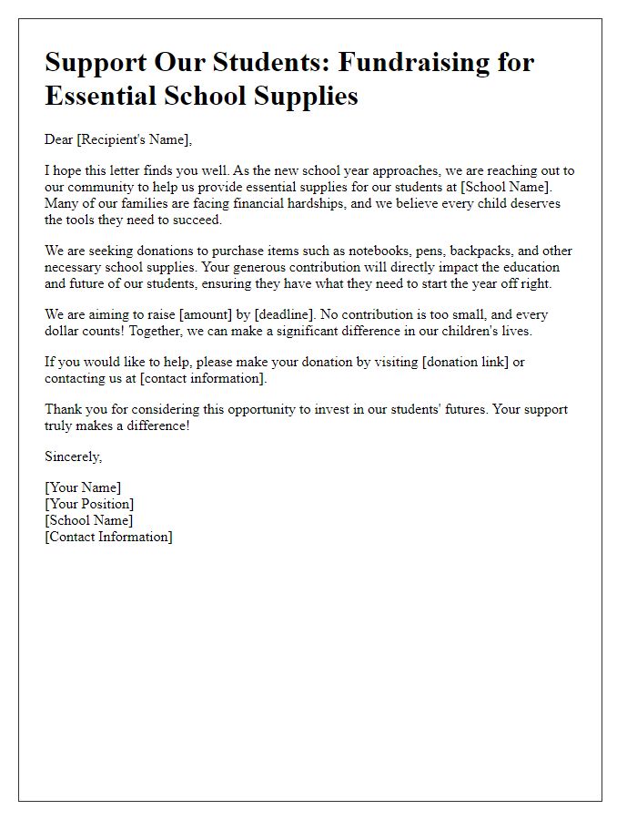 Letter template of fundraising for essential school supplies