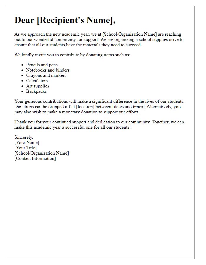 Letter template of invitation to donate school supplies for the new academic year