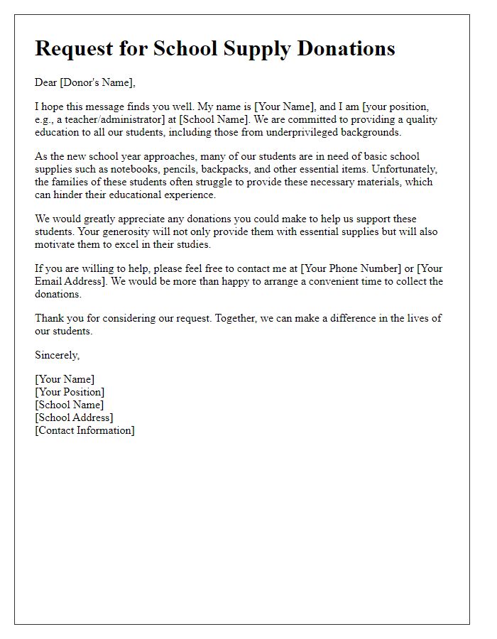 Letter template of request for school supply donations for underprivileged students