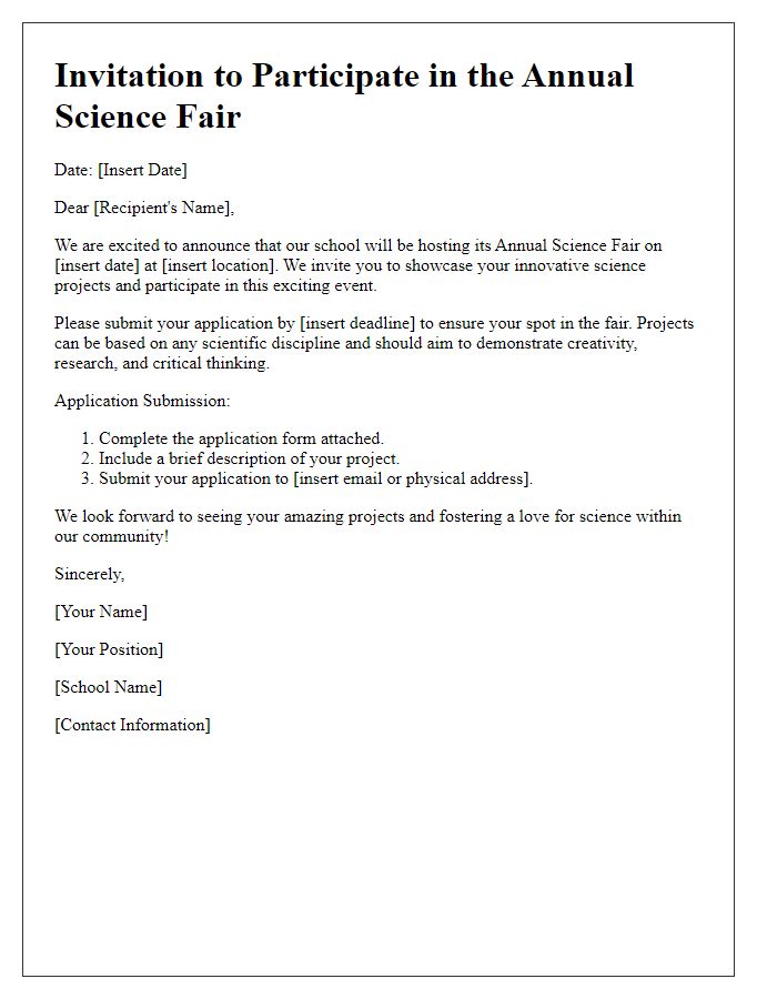 Letter template of application invitation for science fair projects