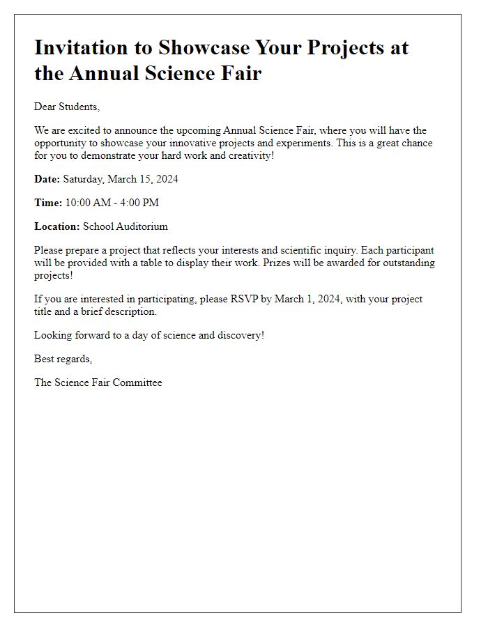 Letter template of invitation for students to showcase projects at science fair