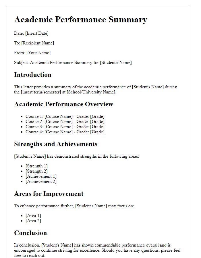 Letter template of academic performance summary