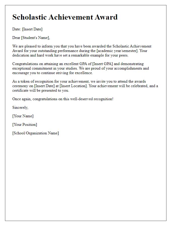 Letter template of scholastic achievement letter