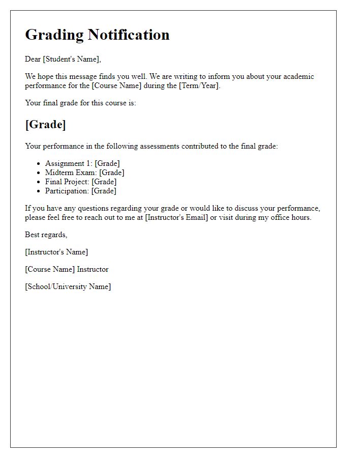 Letter template of student grading notification