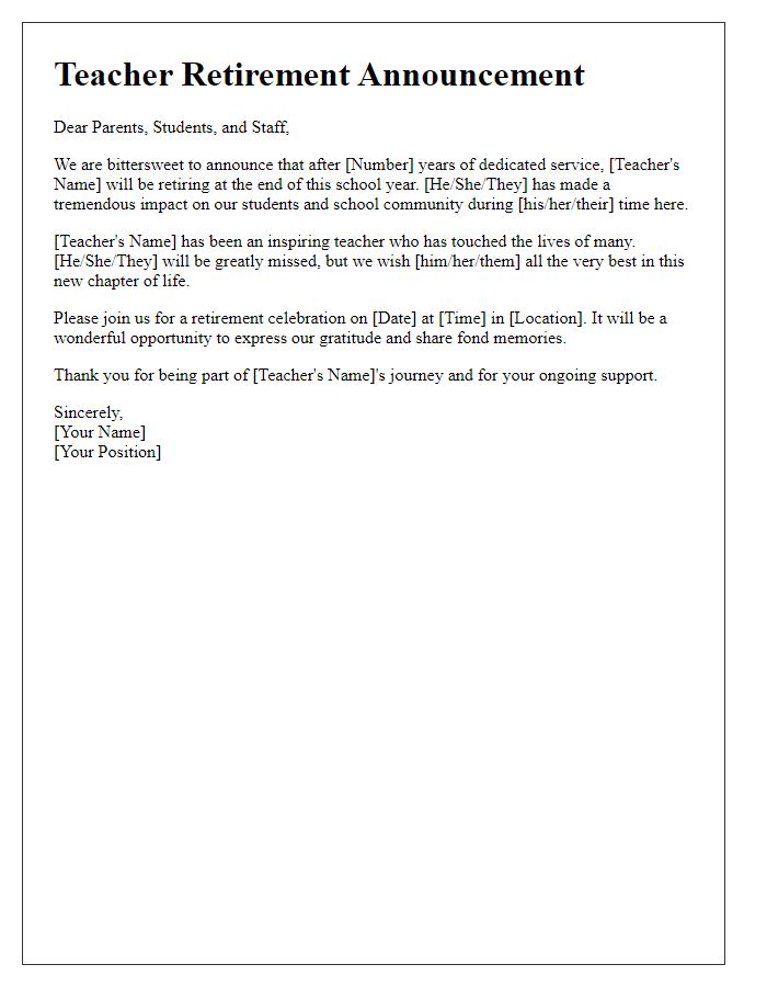 Letter template of teacher retirement announcement for school newsletter