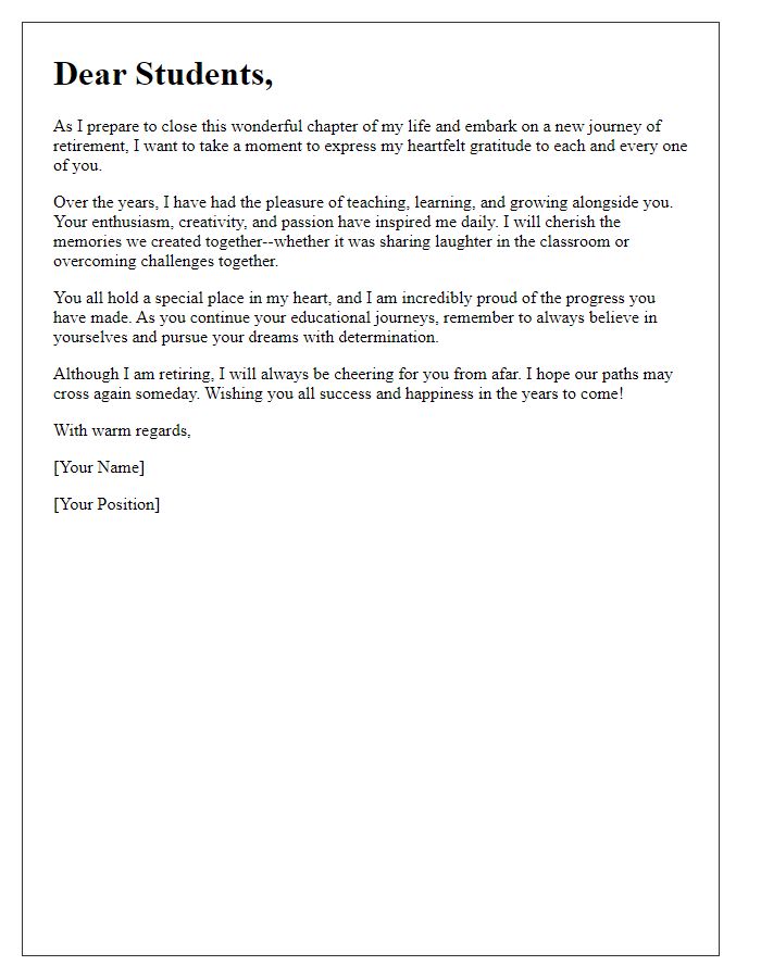 Letter template of teacher retirement farewell message to students