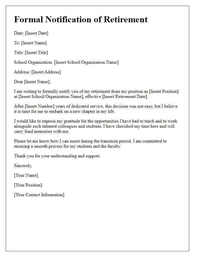 Letter template of teacher retirement formal notification to administration