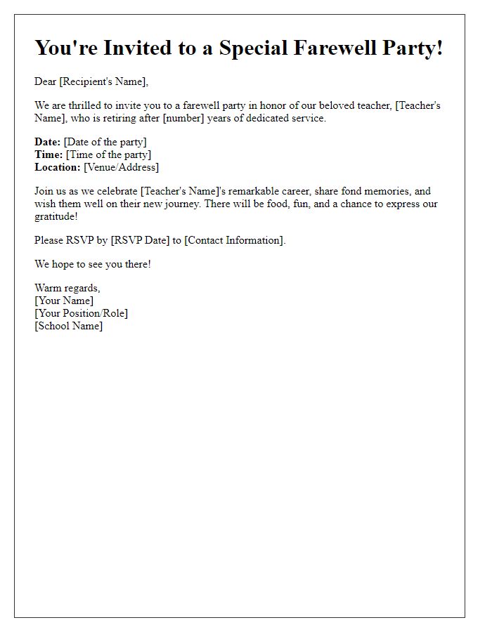 Letter template of teacher retirement invitation for farewell party