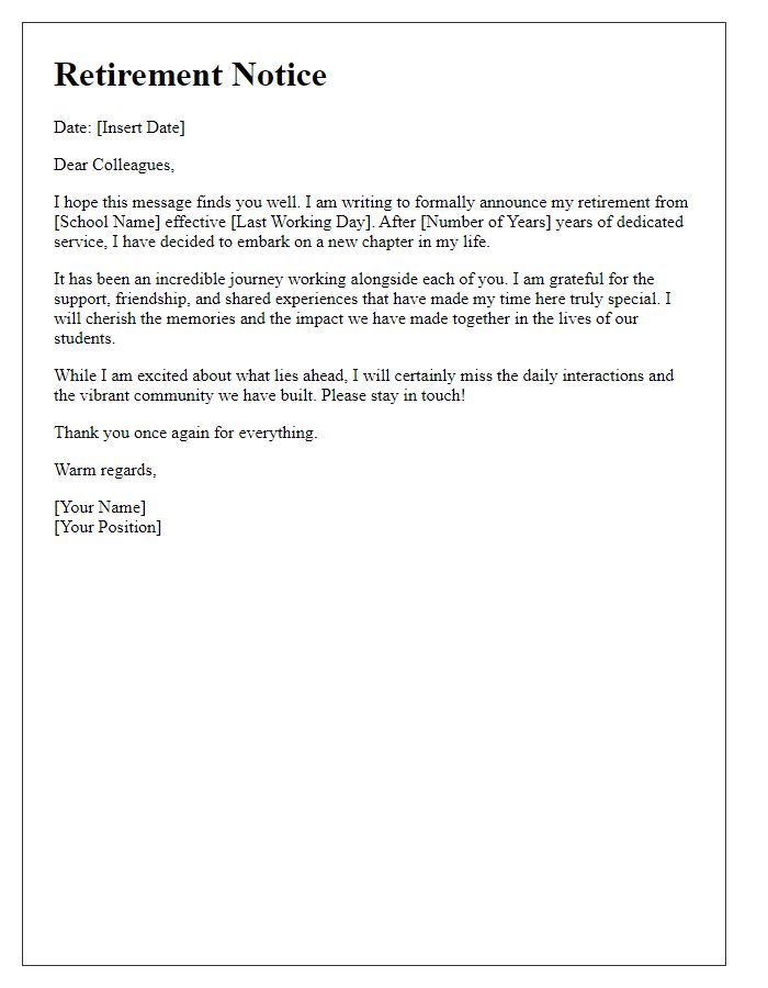 Letter template of teacher retirement notice for colleagues