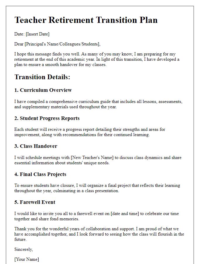 Letter template of teacher retirement transition plan for class