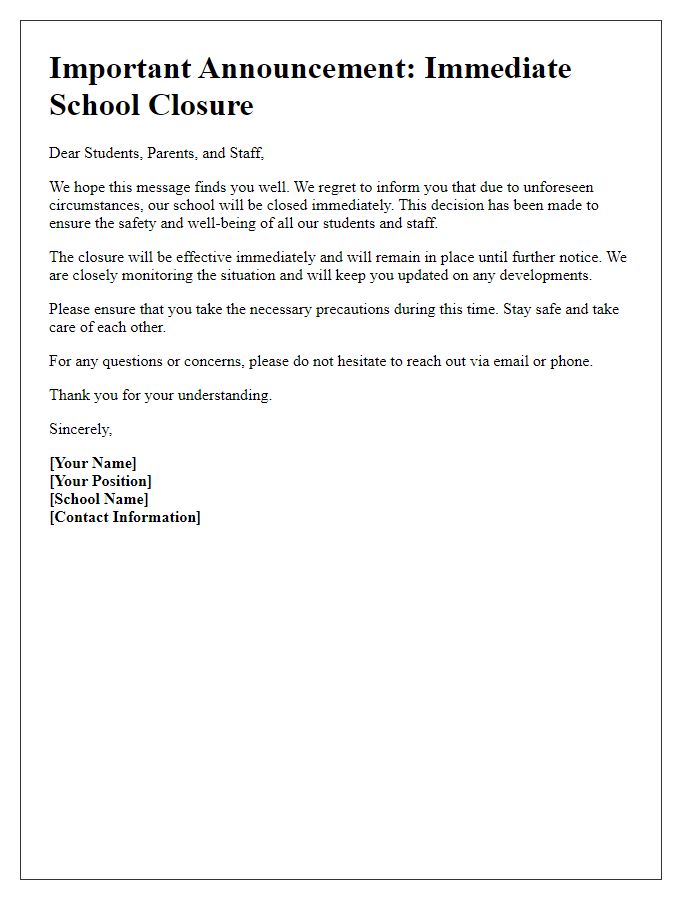 Letter template of immediate school closure announcement