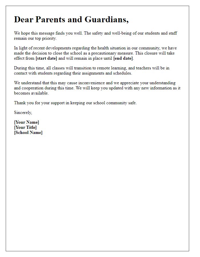 Letter template of precautionary school closure letter