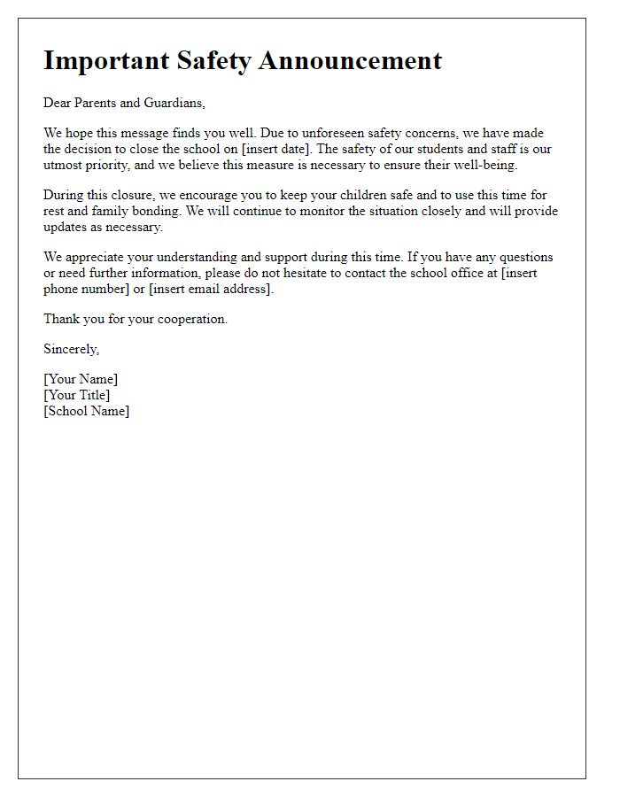 Letter template of safety-related school closure communication