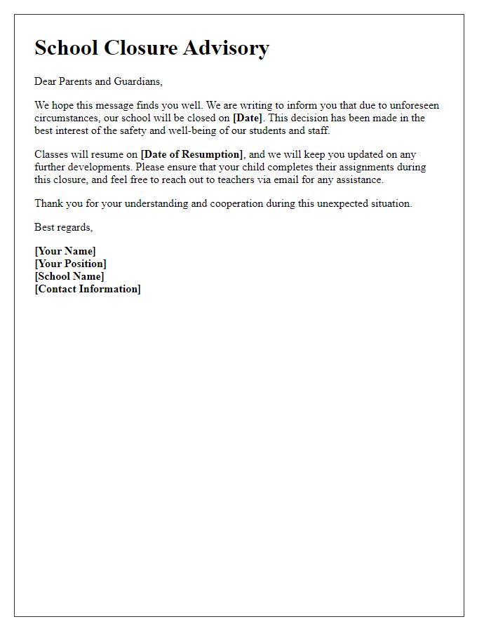 Letter template of unexpected school closure advisory