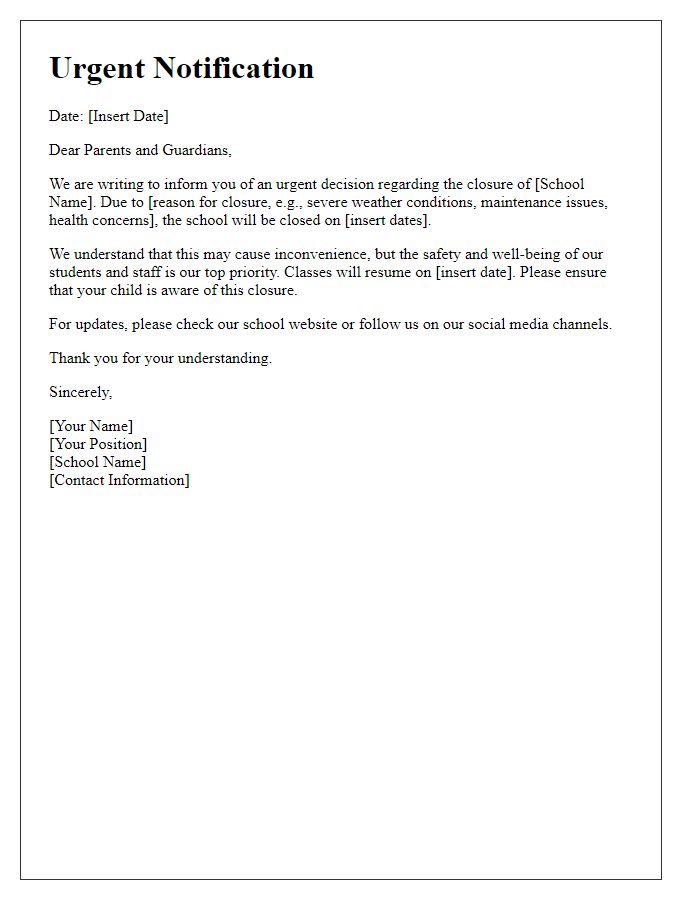 Letter template of urgent notification for school closure