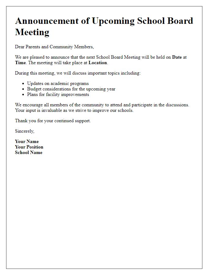 Letter template of announcement regarding upcoming school board meeting