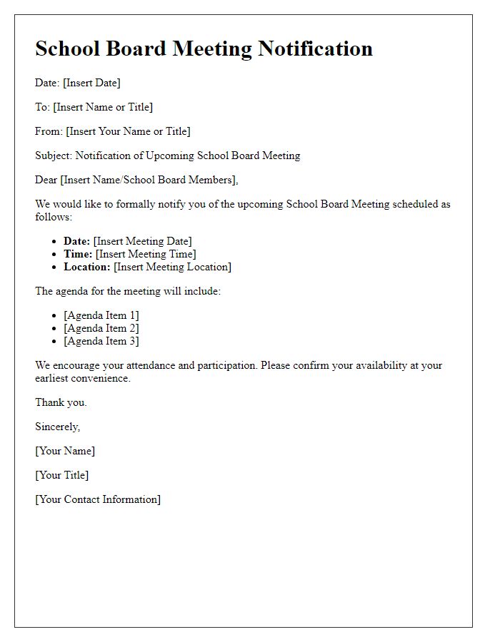 Letter template of notification for school board meeting schedule