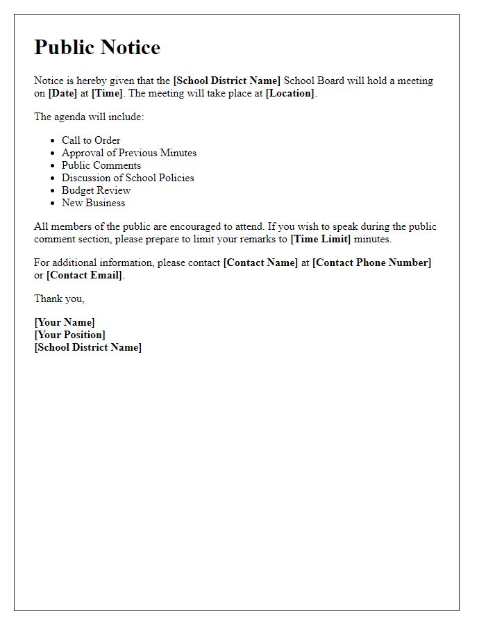 Letter template of public notice for school board meeting