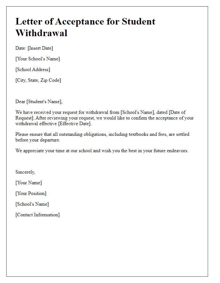 Letter template of Acceptance of Student Withdrawal