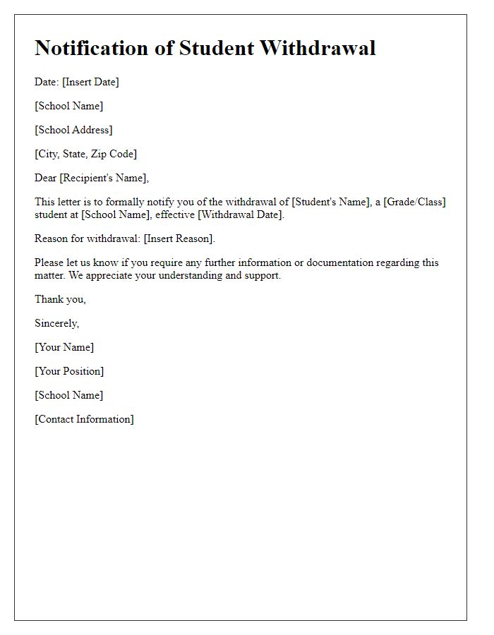 Letter template of Notification of Student Withdrawal