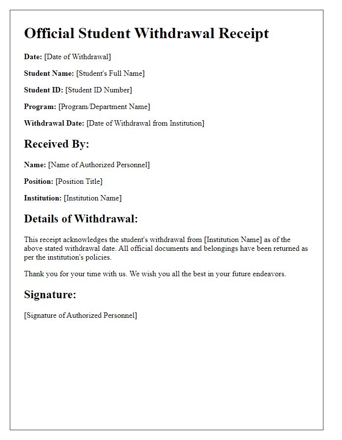 Letter template of Official Student Withdrawal Receipt