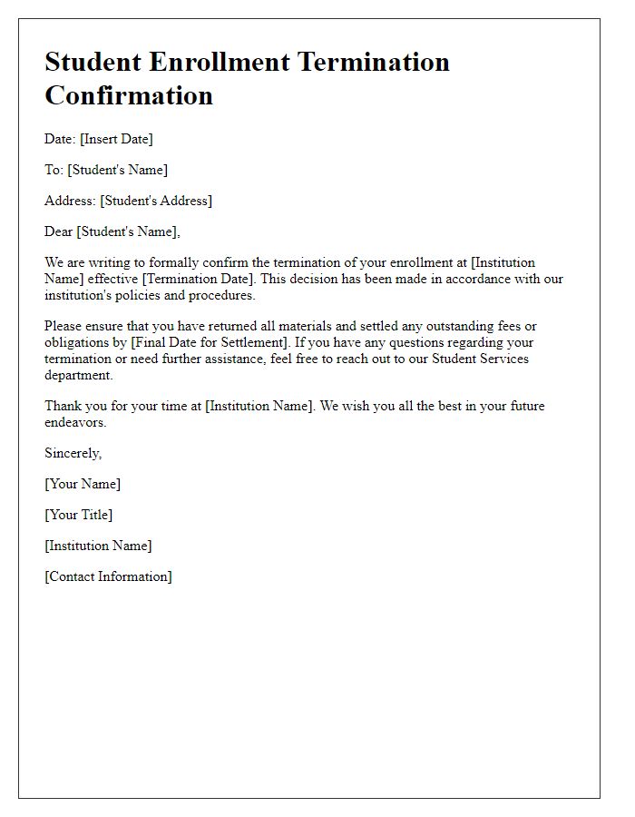 Letter template of Student Enrollment Termination Confirmation