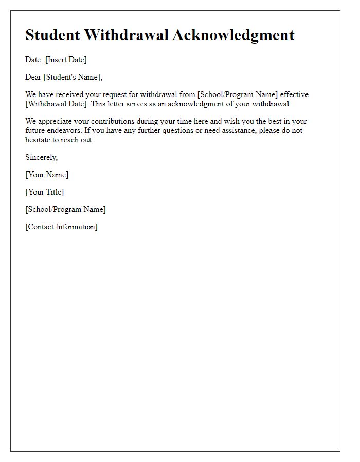 Letter template of Student Withdrawal Acknowledgment