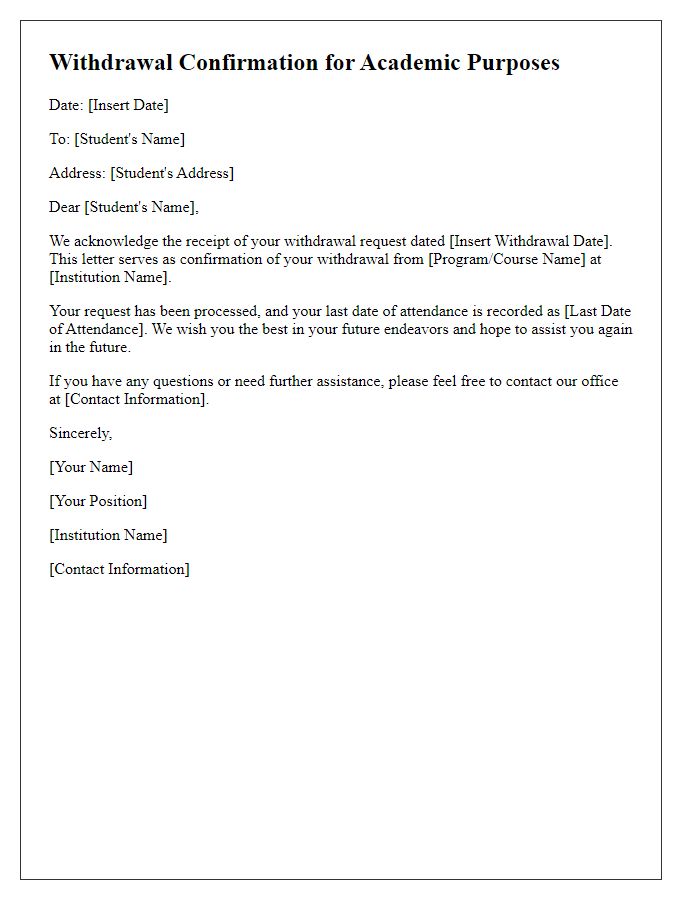 Letter template of Withdrawal Confirmation for Academic Purposes