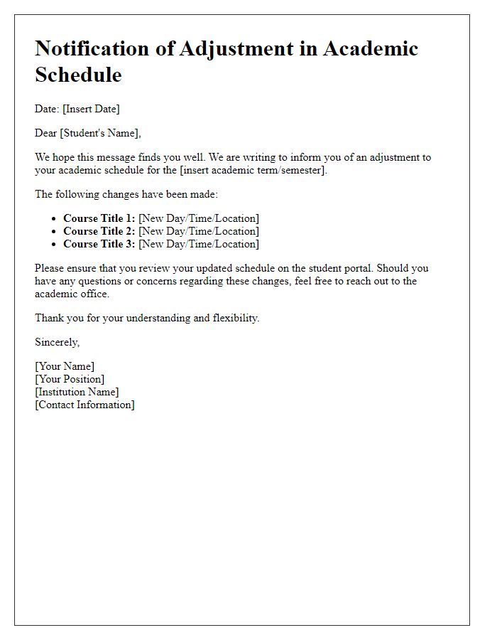 Letter template of adjustment in academic schedule notification