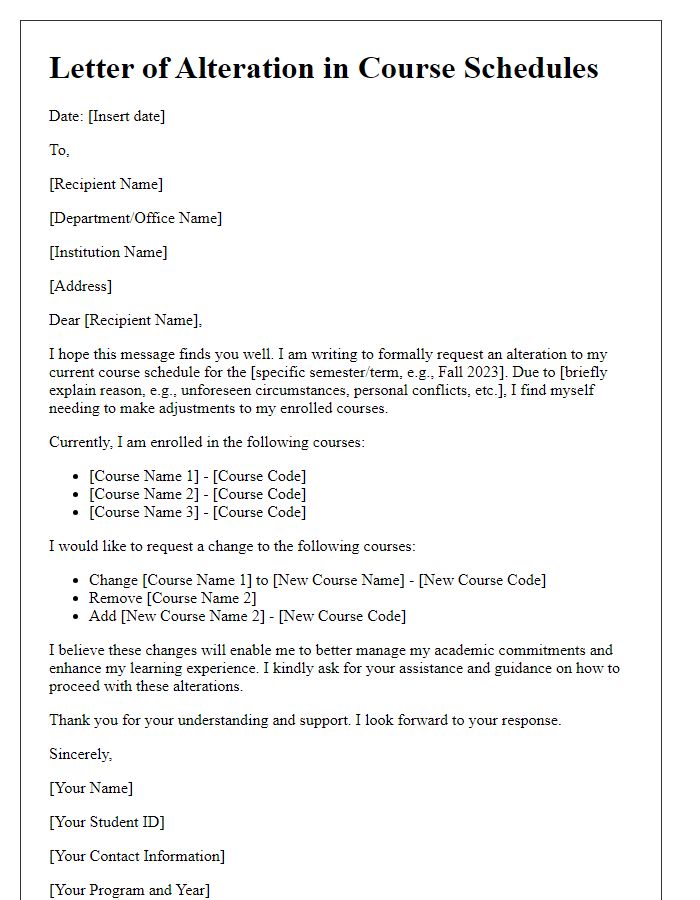 Letter template of alteration in course schedules