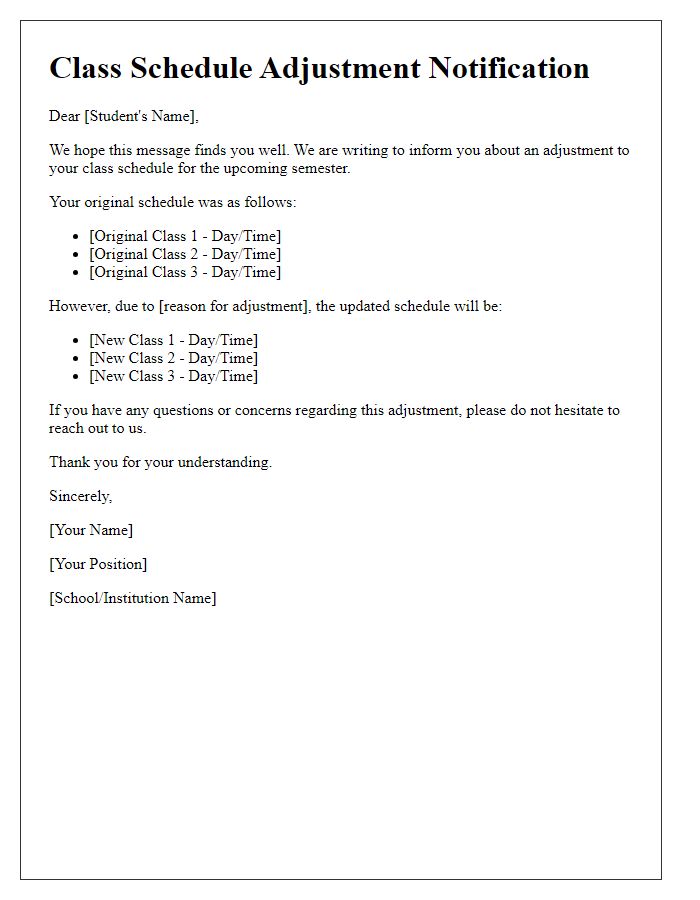 Letter template of class schedule adjustment notification