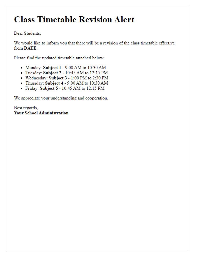 Letter template of class timetable revision alert