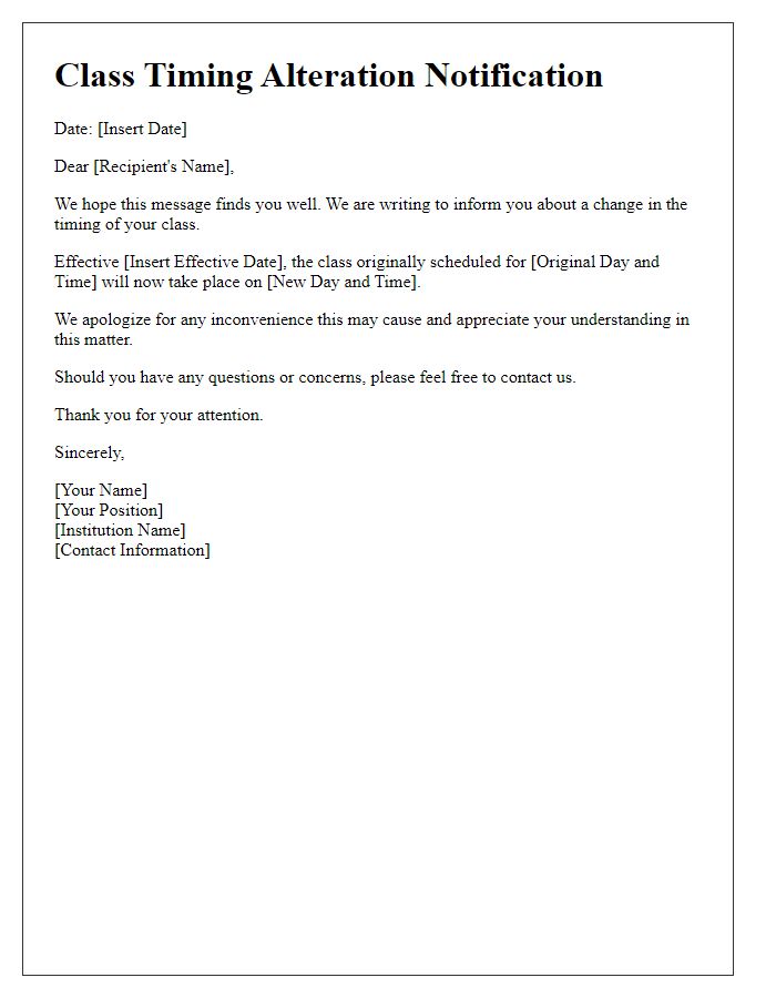 Letter template of class timing alteration notification