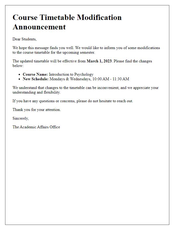 Letter template of course timetable modification announcement