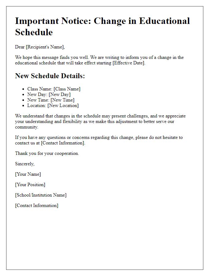 Letter template of educational schedule change communication