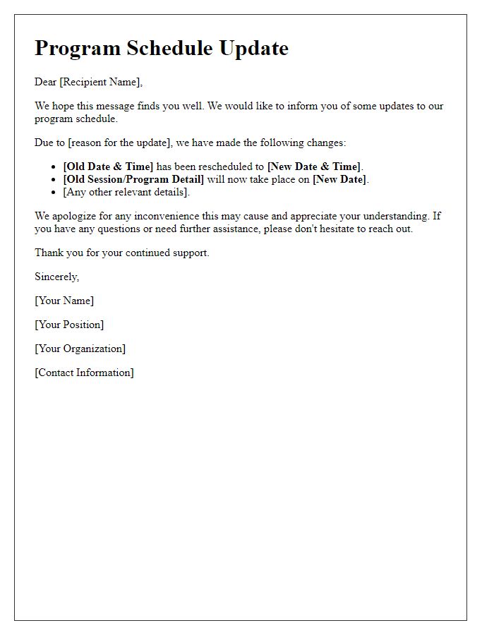 Letter template of program schedule update message