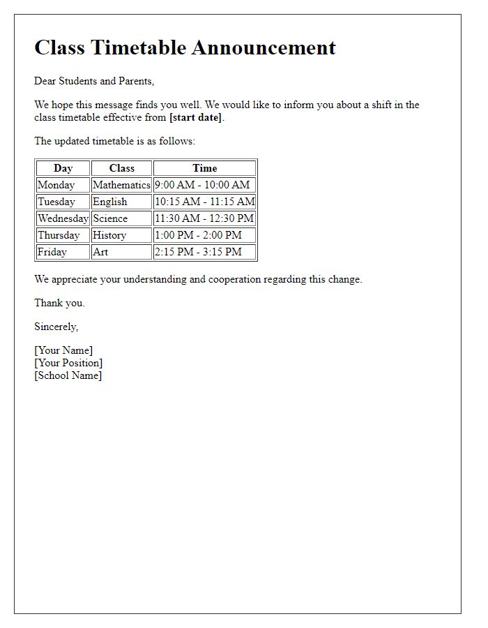 Letter template of shift in class timetable announcement