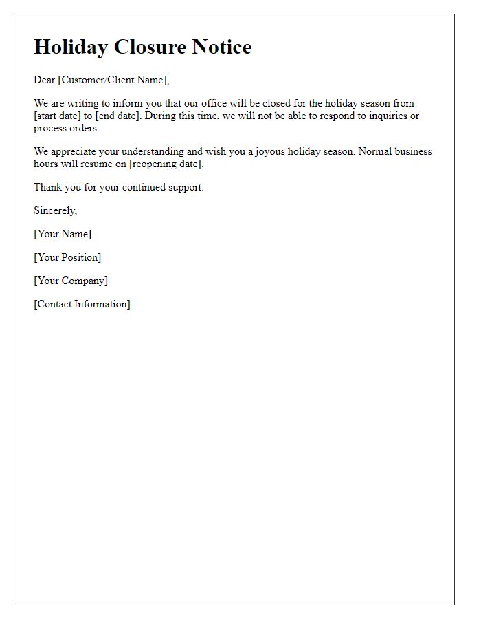 Letter template of holiday closure notice