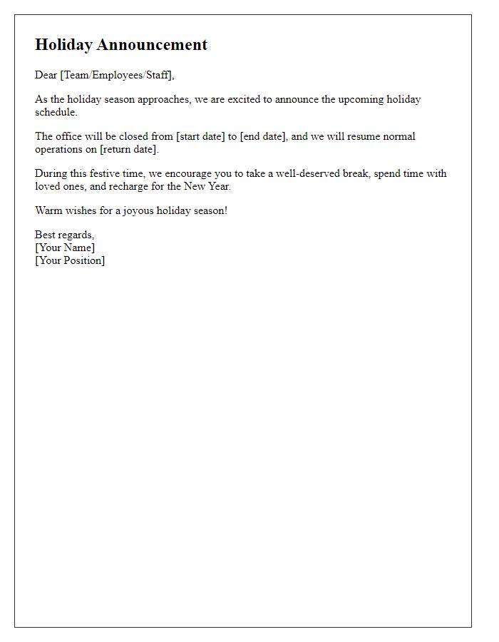 Letter template of seasonal holiday announcement