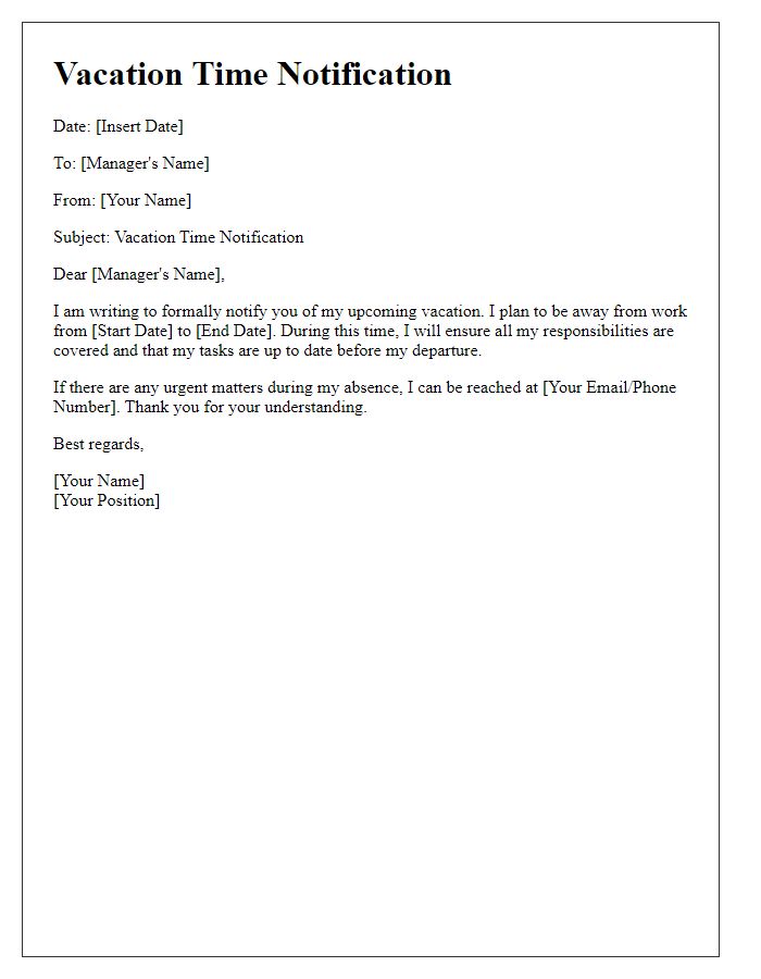 Letter template of vacation time notification
