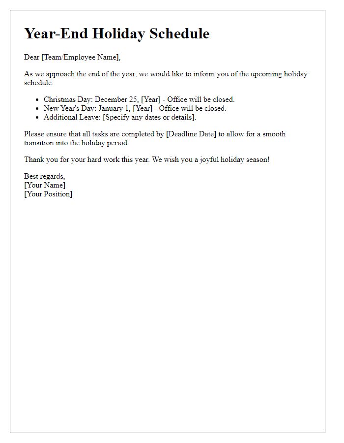 Letter template of year-end holiday schedule