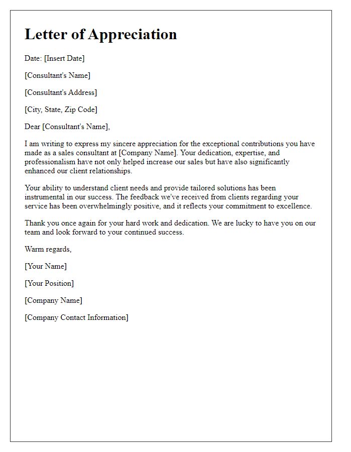 Letter template of appreciation for a sales consultant